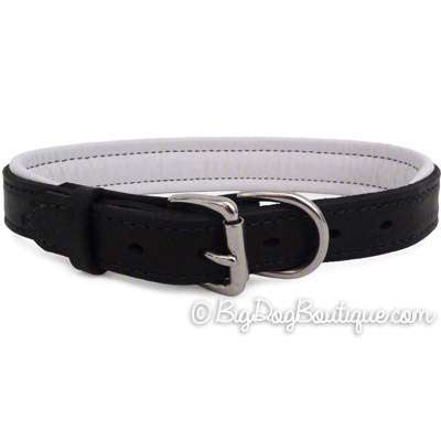 Perri's Padded Leather Dog Collar- black with white padding- USA made