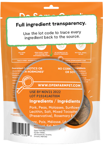 Open Farm Dehydrated Pork Treats for dogs- humanely raised pork