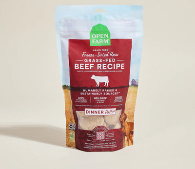 Freeze-dried raw beef dog food patties made with 95% pasture-raised beef, organ, and bone