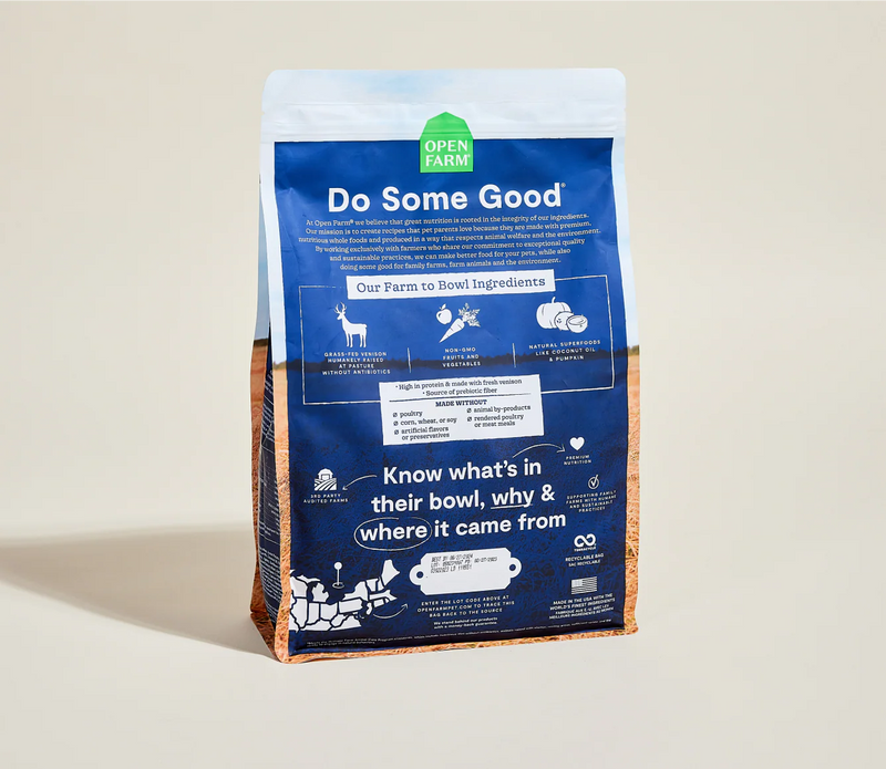 High-protein venison recipe for dogs with non-GMO fruits, vegetables, and traceable ingredients