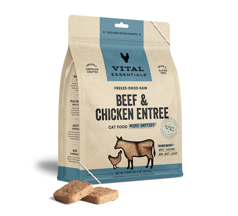 Vital Essentials Freeze Dried Raw Beef & Chicken Entrée Mini Patties for Cats 8.0 oz.