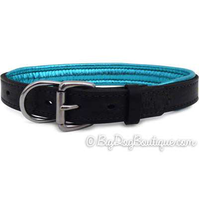 Perri's Padded Leather Dog Collar- black with metallic turquoise padding- USA made