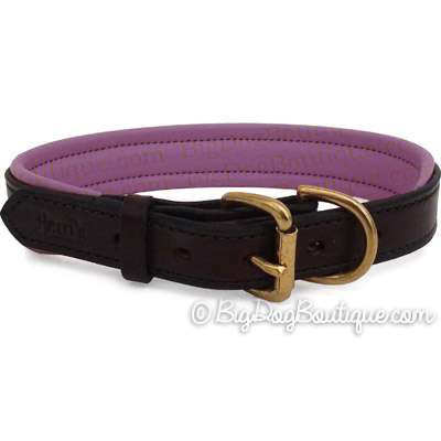 Perri's Padded Leather Dog Collar- brown with purple padding- USA made