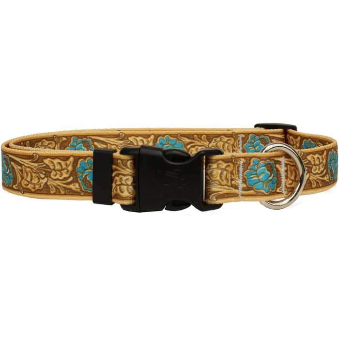 Faux Tooled Leather Rose Dog Collar- Teal