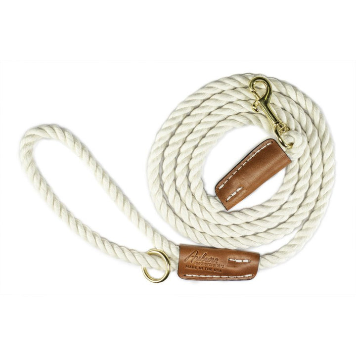 Cotton Rope Braided Rolled Leather Dog Collar All Natural Leather Cotton Braided Rope Dog Leash- USA Made