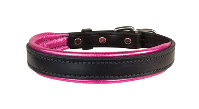 Perri's Padded Leather Dog Collar- black with metallic pink- USA made