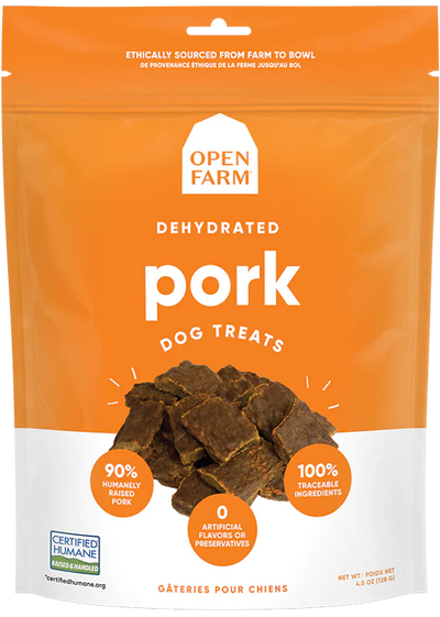 Open Farm Dehydrated Pork Treats for dogs- humanely raised pork