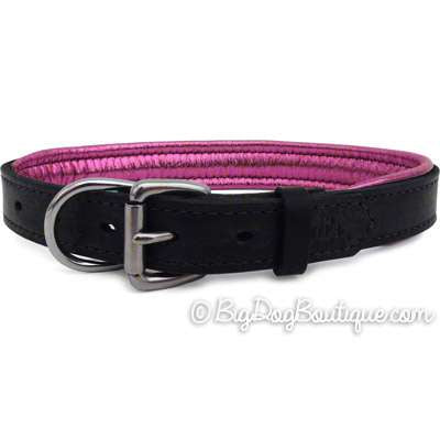 Perri's Padded Leather Dog Collar- black with metallic pink- USA made